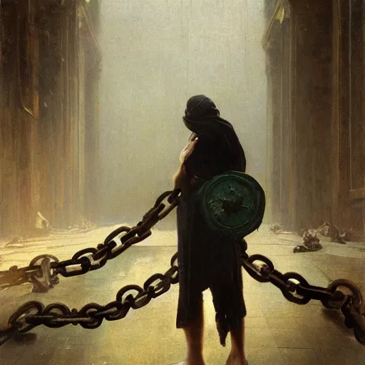 Image similar to half portait of magican wearing a closed cowl holding a big old book! with chains!! on his wrist, jeremy mann, jean leon gerome, alphonse mucha, greg rutkowski, hood covers his eyes, ( ( ruins of ancient rome ) ), at dusk, mysterious atmosphere, sunrays, dof, masterpiece, high detailed, 8 k