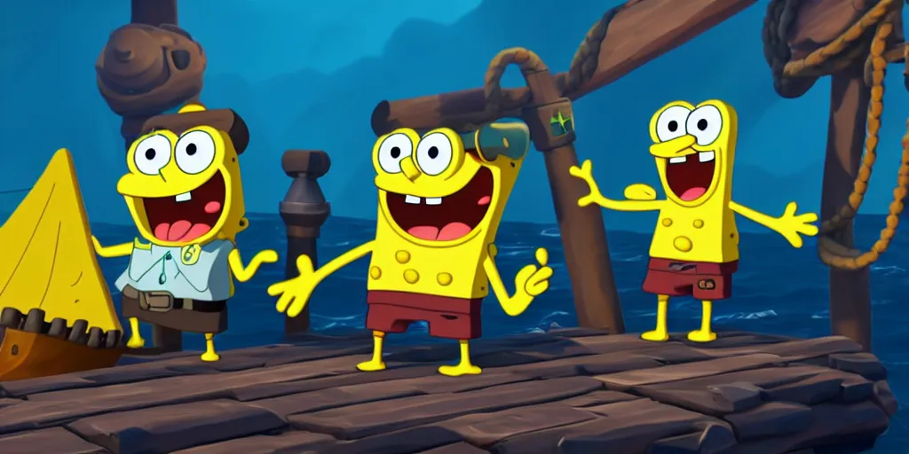 Image similar to selfie of sponge bob squarepants as a sea of thieves character, sea of thieves screenshot, storm, unreal engine, digital art