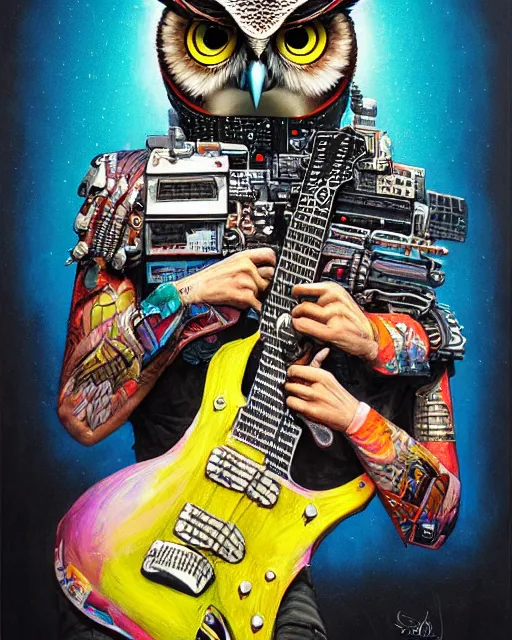 Image similar to a portrait of an anthropomorphic cyberpunk owl shredding an electric guitar by sandra chevrier, by jon foster, detailed render, tape deck, epic composition, cybernetics, 4 k realistic, cryengine, realistic shaded lighting, sharp focus, masterpiece, by enki bilal