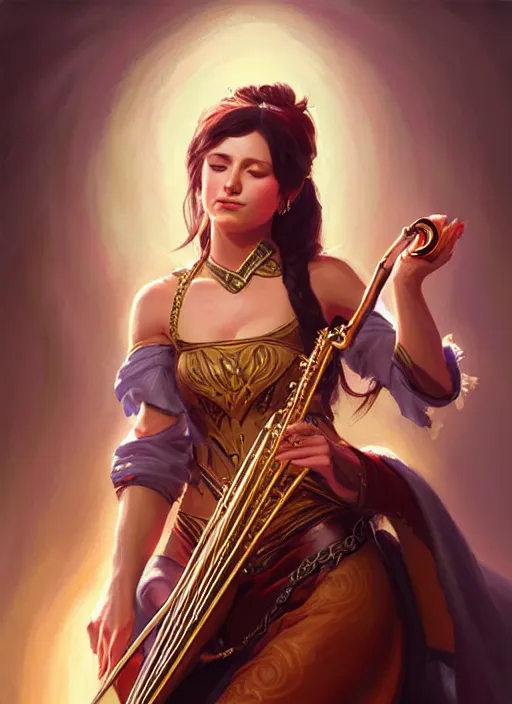 Image similar to a _ fantasy _ style _ portrait _ painting _ of female charismatic bard playing instrument, rpg dnd oil _ painting _ unreal _ 5 _ daz. _ rpg _ portrait _ extremely _ detailed _ artgerm _ greg _ rutkowski _ greg