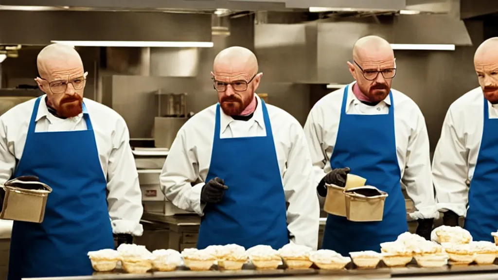 Image similar to walter white and jesse pinkman working at cinnabon, film still from the movie directed by denis villeneuve