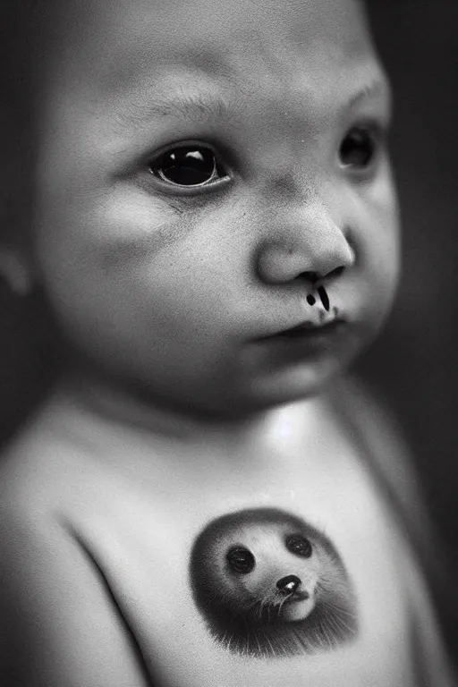 Prompt: “baby harp seal with face tattoos, portrait by Lee Jeffries”