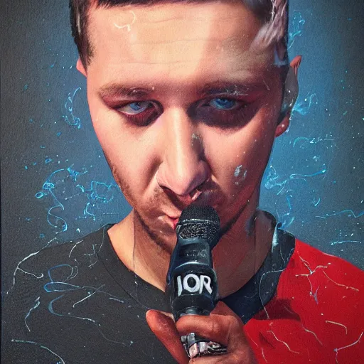 Prompt: beautiful portrait of german rapper kool savas burning up a mic, by katja kuhl, photorealistic, hyperrealism