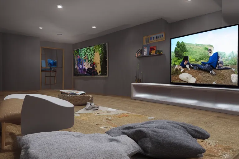 Image similar to A cozy TV room, with kids watching MTV while outside is raining, Ultra realistic, global illumination, 1984, wide angle lens, 4k