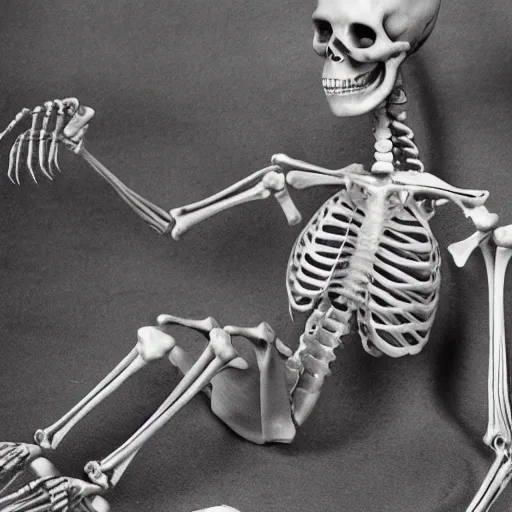 Prompt: a cool anatomical skeleton eating raman at long beach, high noon