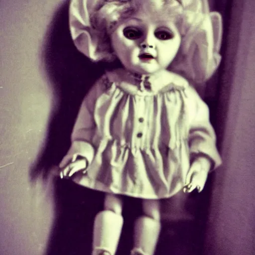 Image similar to creepy vintage doll in darkly lit hallway