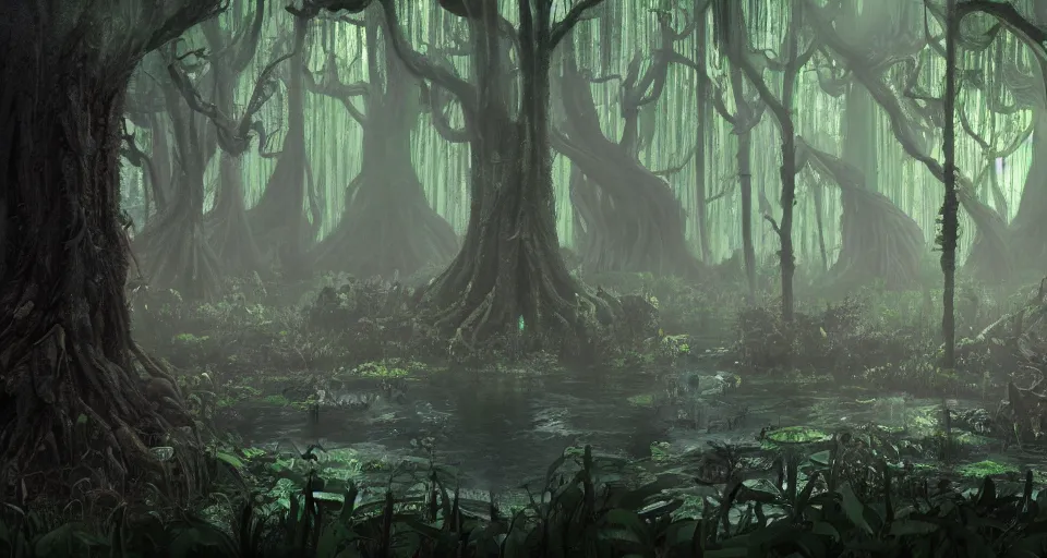 Prompt: A dense and dark enchanted forest with a swamp, by Pixar Concept Artists