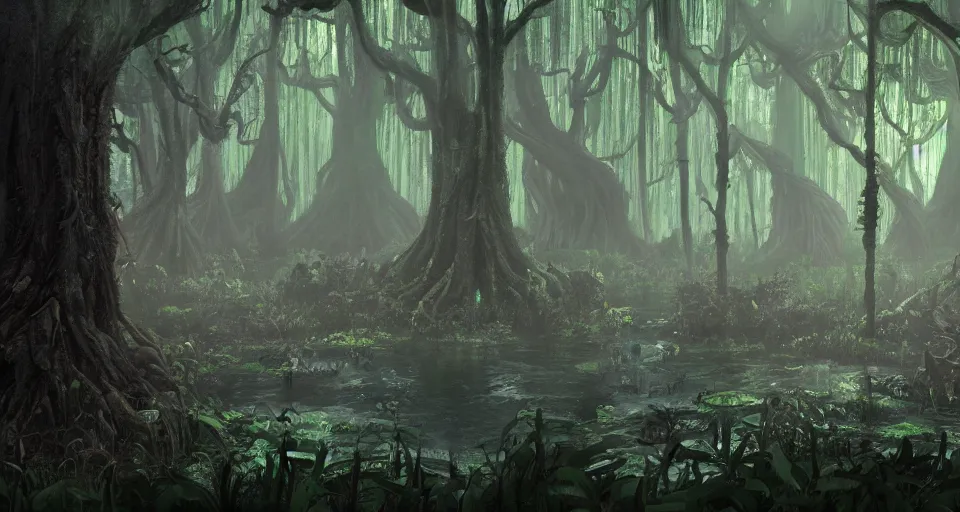 Image similar to A dense and dark enchanted forest with a swamp, by Pixar Concept Artists