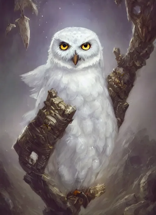 Image similar to cute little anthropomorphic snowy owl poet wearing forgotten crystal, tiny, small, miniature animal, baby animal, short, pale blue armor, cute and adorable, pretty, beautiful, DnD character art portrait, matte fantasy painting, DeviantArt Artstation, by Jason Felix by Steve Argyle by Tyler Jacobson by Peter Mohrbacher, cinematic lighting