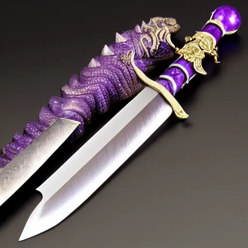 Image similar to a sword made out of amethyst with a dragon - shaped hilt, 8 k, hd, studio lighting, exquisite detail, photorealistic, glowing