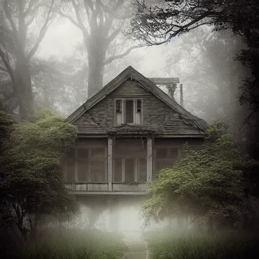 Image similar to old house in ethereal lush forest with mystical ambiance and fog, desaturated, realistic, sharp focus, highly detailed, by artgerm