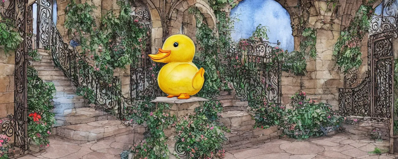 Image similar to courtyard walkway, rubber duck at center, castle, stairway, chairs, wrought iron, gate, botanic garden, botanical herbarium paper, watercolor colored painting, iridescent colors, realistic shaded, fine, artstation, italian style, colonnade ornate headdress, craving, carved, insanely detailed