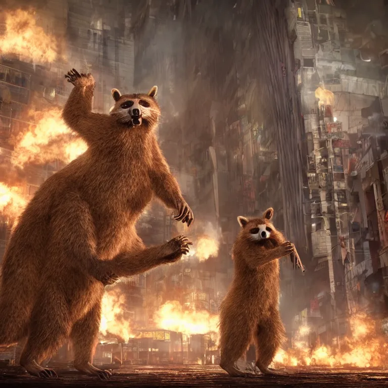 Image similar to wide angle octane render by wayne barlow and carlo crivelli and glenn fabry, a giant raccoon kaiju inside the burning streets of tokyo, cinema 4 d, ray traced lighting, very short depth of field, bokeh
