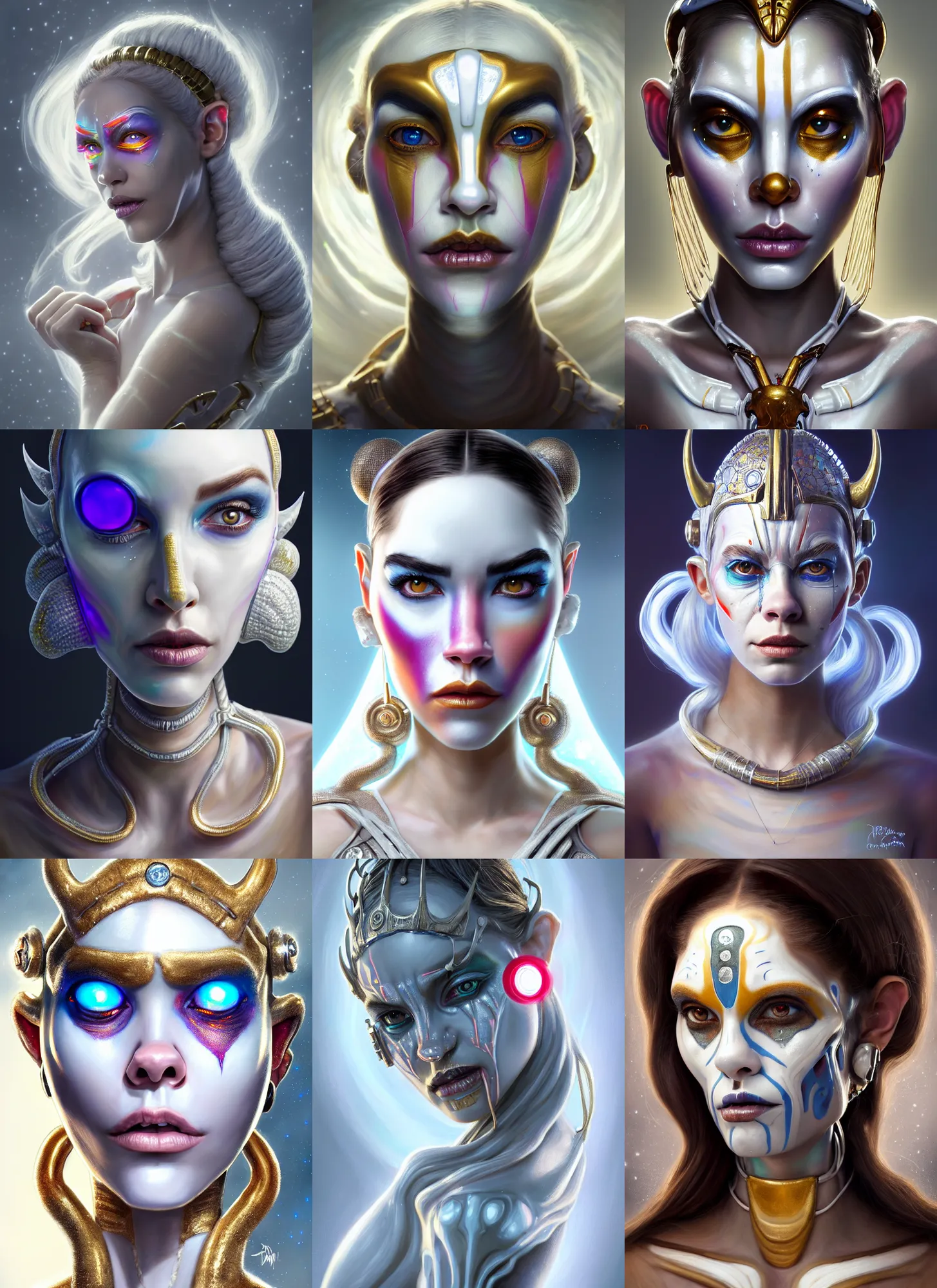 Prompt: bright white polished galactic cream clowncore weta cyborg : : disney pixar star wars portrait, soft devil queen madison beer, diamond earrings, hi - fructose, sci fi fantasy intricate decadent highly - detailed digital painting, golden ratio, octane render, artstation, concept art, smooth, sharp focus, illustration, rutkowski, mucha, loish, wlop