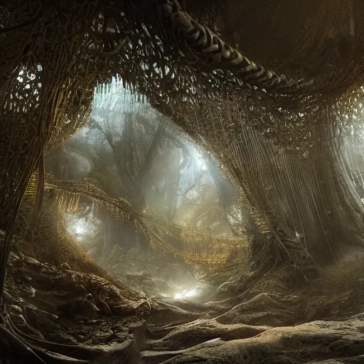 Prompt: biocomputer organs inside a bioneural antique lace in a biomechanical cave forest, epic environment, matte painting, diffused lighting, highly detailed cinematic, epic atmosphere, diffused lighting, highly detailed digital art, trending on artstation, depth of field, wide angle