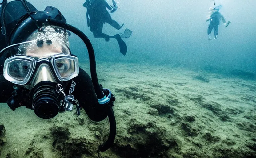 Prompt: scuba diver wearing a gasmask underwater