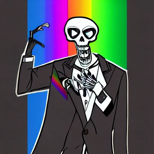 Prompt: evil tall skinny death skeleton grim reaper wearing star shaped rainbow glasses in a tuxedo, illustration, 8k, ultra high definition, ultra realistic, extreme detail