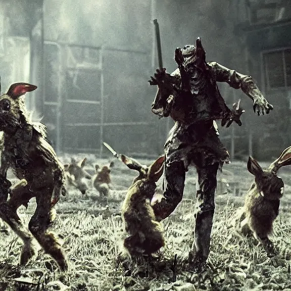 Prompt: a dark battle of decaying zombie rabbits infected with the T-virus, film still