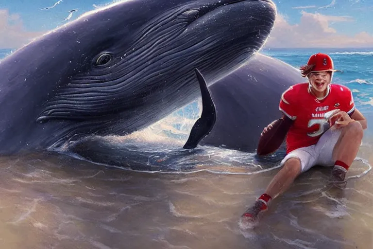 Image similar to a whale who loves patrick mahomes and the nfl by greg rutkowski, rossdraws, gil elvgren, enoch bolles, anime, very coherent