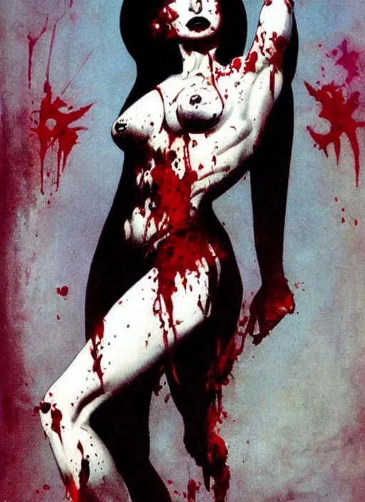 Image similar to portrait of bald iranian vampiress, strong line, saturated color, beautiful! coherent! by frank frazetta, high contrast, blood splatter background