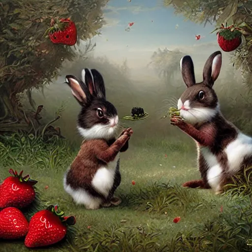 Prompt: fluffy brown, black, white bunnies playing in the strawberry garden, lowbrow, matte painting, 3 - d highly detailed, style of greg simkins