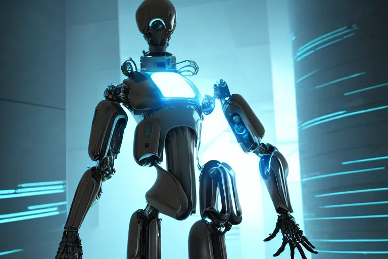 Image similar to cyberpunk alien concept inspired robot, futuristic look, highly detailed body, very powerful, photorealistic camera shot, bright studio setting, studio lighting, crisp quality and light reflections, unreal engine 5 quality render