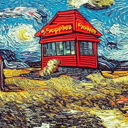 Prompt: a new popeyes chicken location in the middle of a barren wasteland, in the style of van gogh, award winning, desolate except for the popeyes