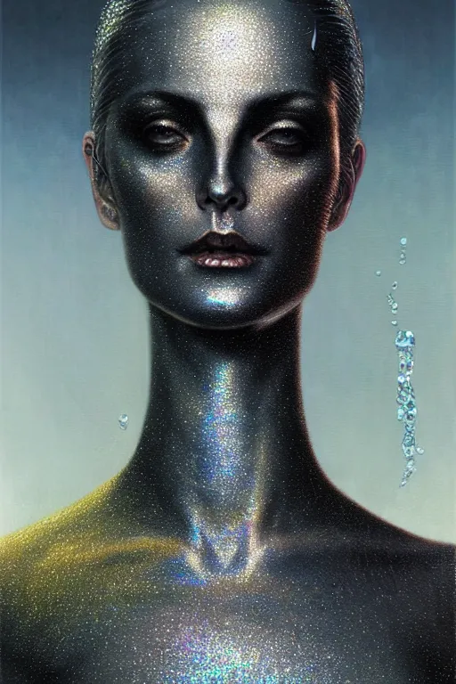 Prompt: pearlescent black lilith! the mother of all monsters!!, covered in iridescent glitter!!, side angle, raining ashes, fine art masterpiece, highly detailed dino valls wayne barlowe machiej kuciara, dramatic lighting, long shot, side angle, uhd 8 k, sharp focus