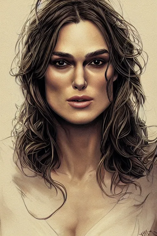 Prompt: a portrait of sexy keira knightley with long hair, drawn by robbie trevino and dan mumford, poster, digital art, comic art, concept art,, single head, no double head,