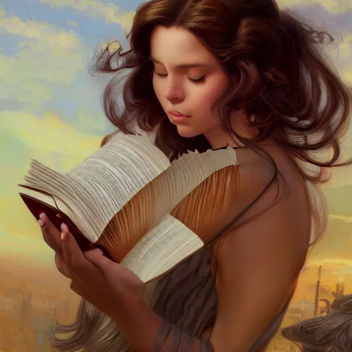 Image similar to a beatiful girl reading book, hair flowing down, detailed, centered, digital painting, artstation, concept art, donato giancola, Joseph Christian Leyendecker, WLOP, Boris Vallejo, Breathtaking, 8k resolution, extremely detailed, beautiful, establishing shot, artistic, hyperrealistic, beautiful face, octane render, cinematic lighting, dramatic lighting, masterpiece