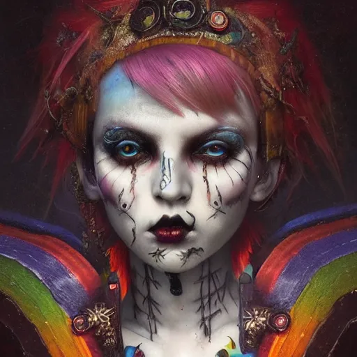 Image similar to photorealistic portrait of a curiosities carnival, single doll punk in a full gothic armor, multiple dyed colors haircut, heroic, symmetry accurate features, focus, rainbow lighting, very intricate details, award winning masterpiece, by tom bagshaw, ultra deep fog background