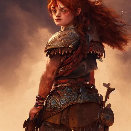 Image similar to sadie sink proud muscular female turkish warrior, portrait by Cedric Peyravernay, highly detailed, excellent composition, cinematic concept art, dramatic lighting, trending on ArtStation