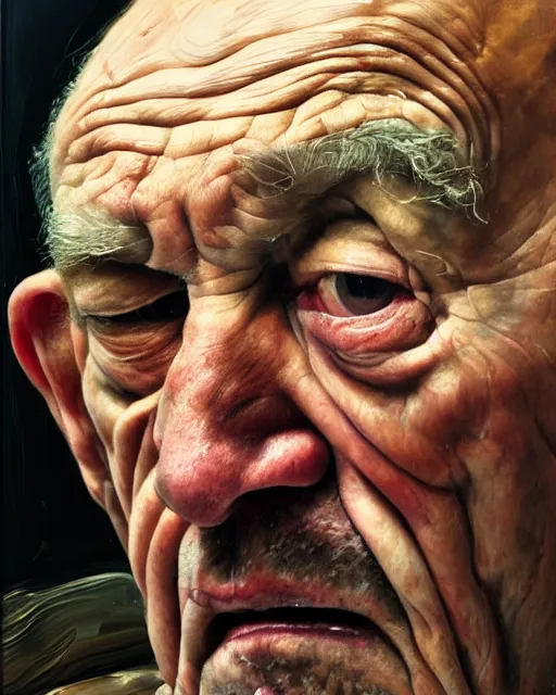 Image similar to an extreme close up portrait a very ordinary old man with an angry expression, side angle, by Lucian Freud and Jenny Saville, oil painting, anatomically correct, beautiful perfect face, visible brushstrokes, sharp focus, Highly Detailed, Cinematic Lighting, 8k, HD