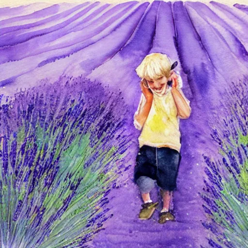 Image similar to a young boy walking in a field of lavender, talking on the phone and smiling, watercolour painting, french style,