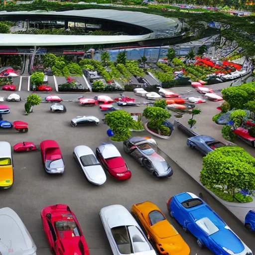 Prompt: large group of cars parking at garden by the bay in Singapore, photorealistic, ultra-detailed, high resolution