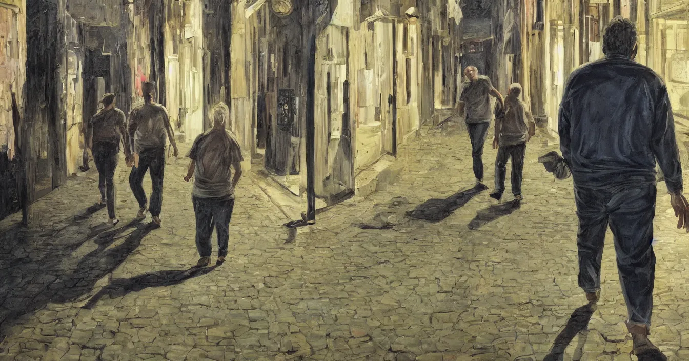 Image similar to todd solondz, high quality high detail painting of todd solondz walking with a friend in an empty tel aviv street, face of todd solondz, night, by lucian freud and gregory crewdson and francis bacon, hd, photorealistic lighting