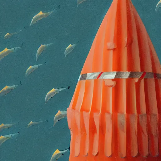 Prompt: orange and white striped traffic cone with 5 rows of shark teeth breaking through the cracks, ocean background detailed atmospheric - ron cheng & alphonse mucha, highly detailed, digital painting, ray tracing, concept art, illustration, smooth sharp focus, intricate, symmetry, artstation,