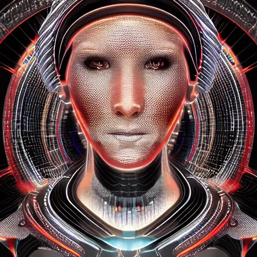 Image similar to an insanely detailed cibernetic artwork of a futuristic artificial intelligence superstar, centered image, with frames made of detailed fractals, octsne render, 4k, insanely detailed, cgi