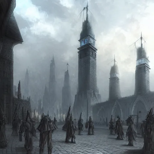 Image similar to “The plaza around the base of the tower was very large and spacious. The tower was made of solid black metal and stone. The plaza was patrolled by large mechanized guards. Anime background artwork by Marc Simonetti, artwork by Ted Nasmith, Ted Nasmith and Marc Simonetti, 8K, D&D concept art, D&D wallpaper”