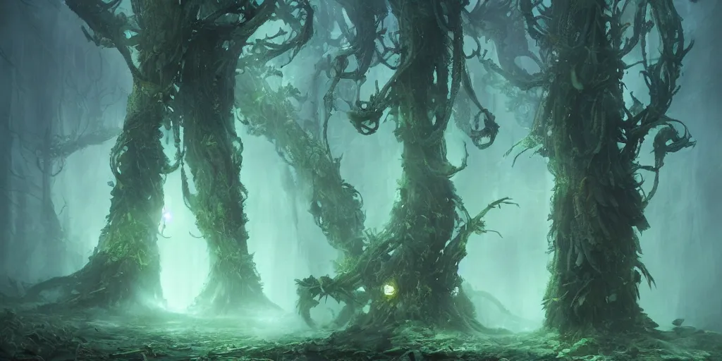 Prompt: monster - trees made from snakes in futuristic spiritual mystical post apocalyptic forest from ukraine, dim painterly volumetric aquatic lighting, beautiful, crisp, artstation, highly detailed