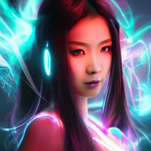 Prompt: a portrait of a full body beautiful futuristic asian girl, wearing kimono, young with long hair, neon bioluminescence, horror scene, hyper - realistic, very detailed, intricate, very sexy pose, slight smile expression, unreal engine, by artgerm, wlop and ross thran, dramatic cinematic lighting rendered by octane, 8 k, detailed