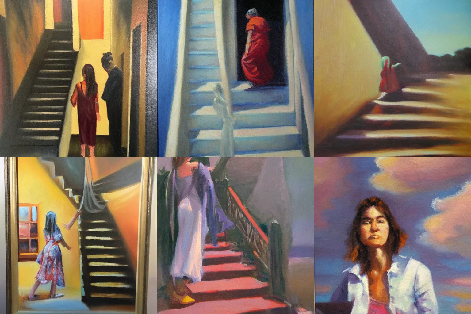 Prompt: Lady who is buying a stairway to heaven. Oil painting.