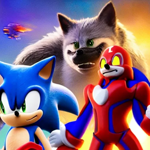 Image similar to sonic the hedgehog in 3d style starring in avengers 2012 movie