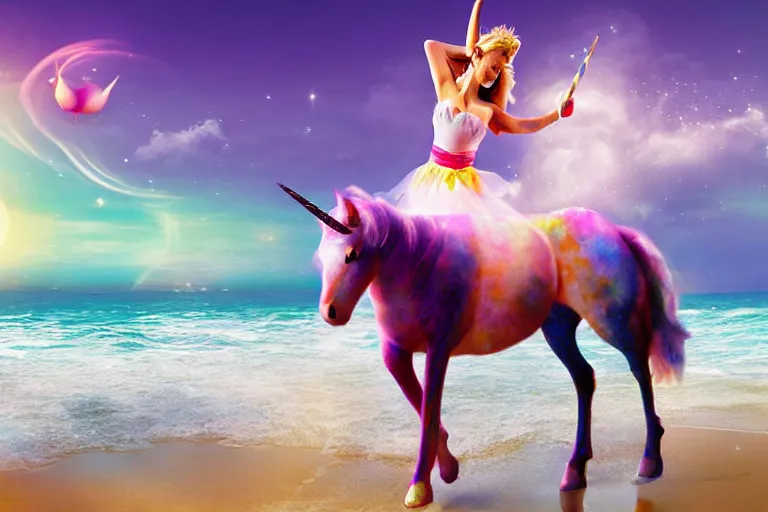 Image similar to sailormoon riding a unicorn on a beach, photograph, realistic, landscape, 4k