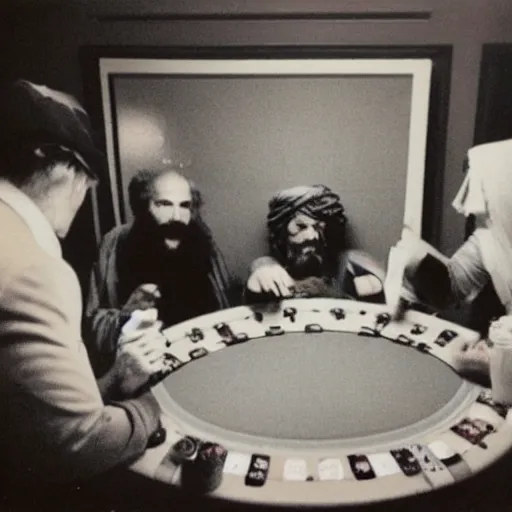 Prompt: 80s Polaroid flash photo, Saul Goodman playing poker with the taliban