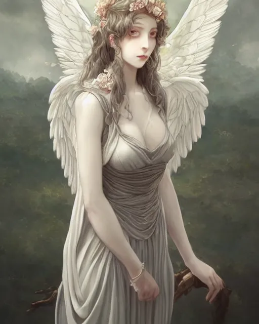 Image similar to an infinitely detailed portrait of a frail and pale female peace angel elegantly. fully - clothed full - body, beautiful! scenery art!! coherent! by wlop & murata, victorian color palette, artstation / pixiv!! highly elegantly armored angel portrait full - body, dreamy art