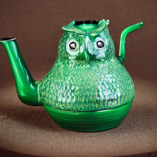 Prompt: still life photograph of an owl kettle with a greenish handle, glazed ceramic, tilt shift, very beautiful, global illumination, intricate linework, short spout