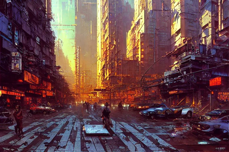 Prompt: street cyberpunk city, hyperrealism, no blur, 4k resolution, ultra detailed, style of John Berkey, Norman Rockwell, Hans Thoma, Ivan Shishkin, Tyler Edlin, Thomas Kinkad