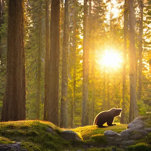 Prompt: a bear in a beautiful forest at sunrise