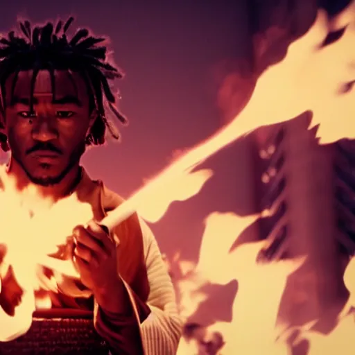 Image similar to cinematic film still of Lil Uzi starring as a Samurai holding fire, Japanese CGI, VFX, 2022, 40mm lens, shallow depth of field, film photography